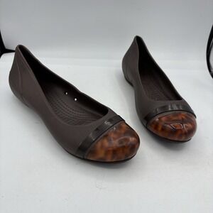 Crocs Shoes Women Size 11 Cap Toe Brown‎ Tortoise Ballet Flats Slip On Comfort